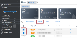 Location of Export button on the Hosts page with several hosts selected and highlighted.